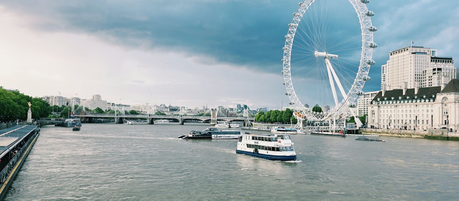 Captivating view of the London Eye and River Thames with boats on a cloudy day in London.