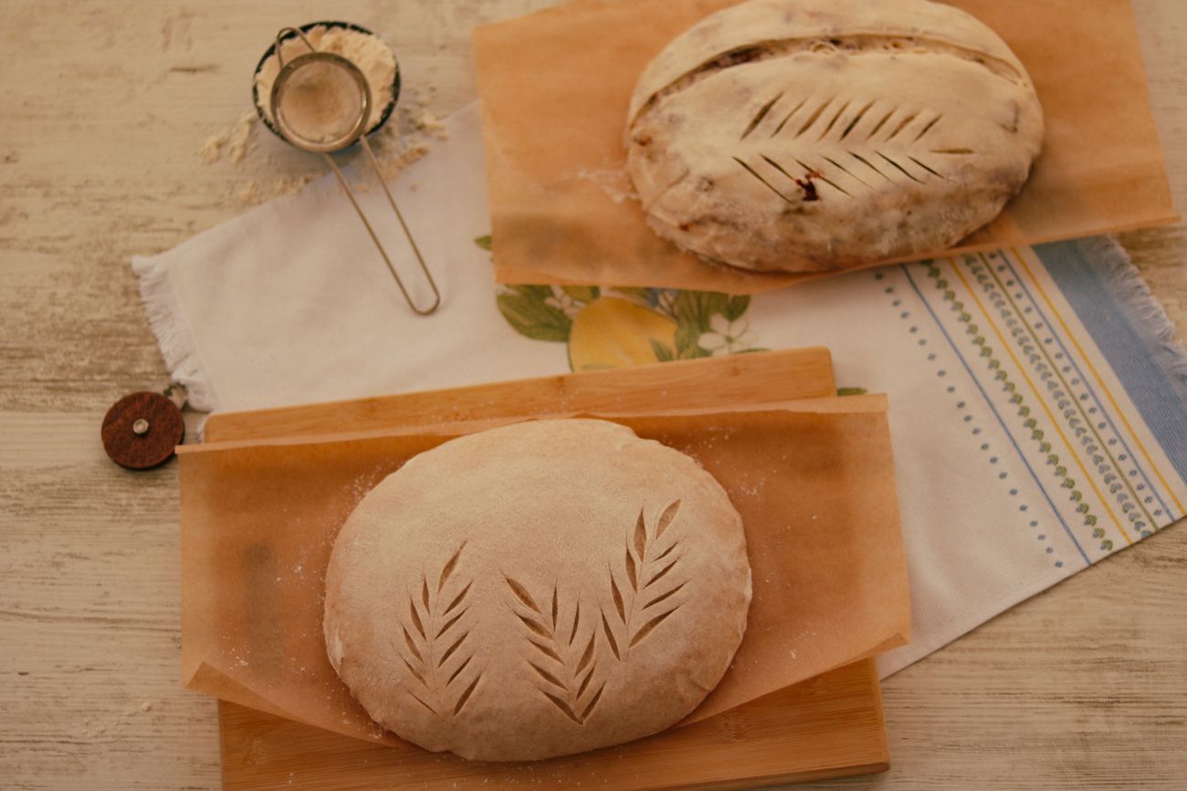 Two scored sourdough loaves resting on parchment, photo by Feyza Daştan on Pexels