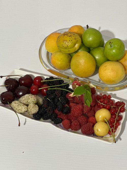 Free Colorful assortment of fresh fruits on a white platter featuring cherries, raspberries, and more. Stock Photo