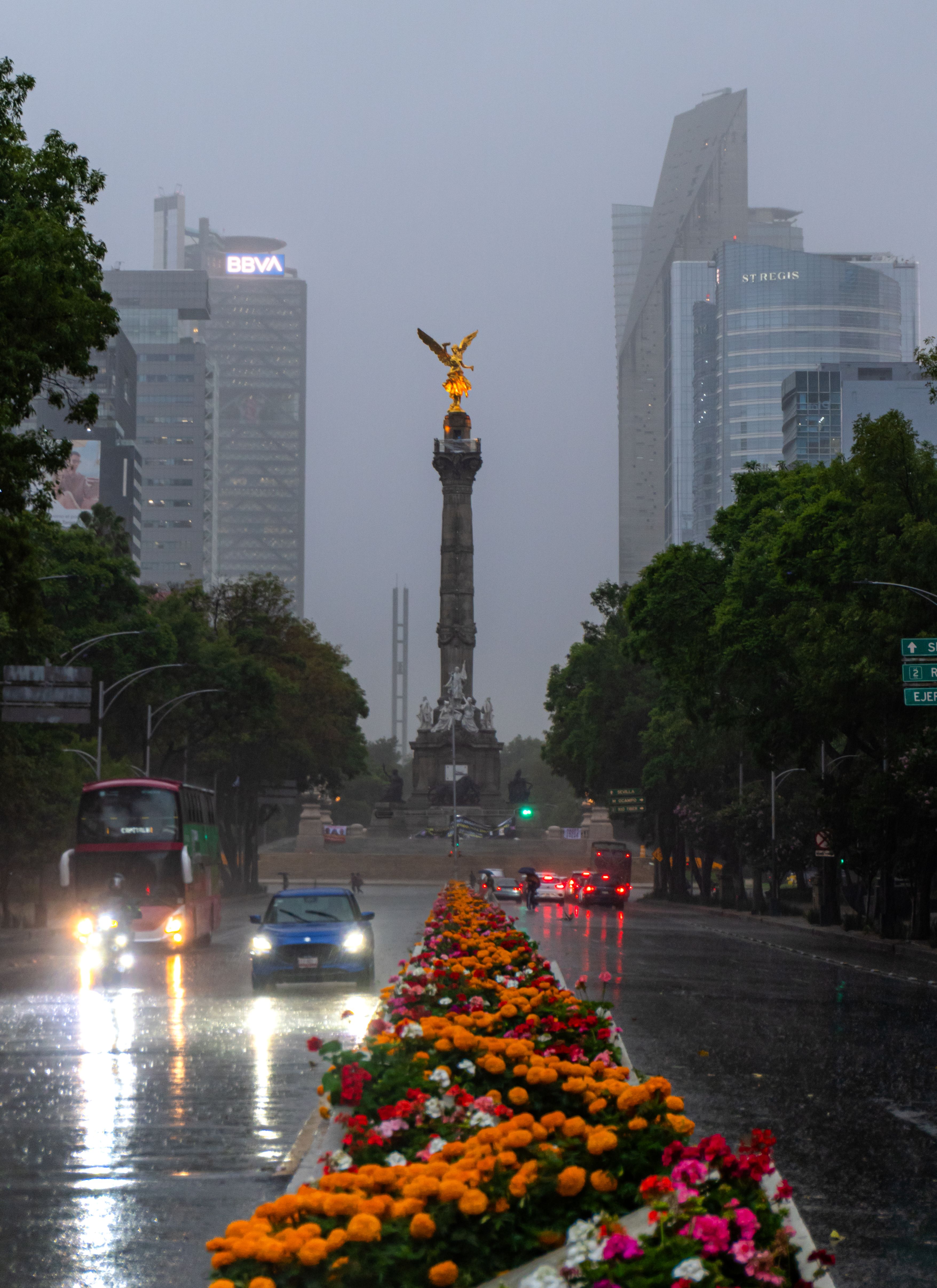 Dramatic shot of Angel of Independence in Ciudad de México during a rainy night.