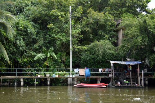Free A tranquil riverside scene with vibrant greenery, a dock, and clothes drying outdoors. Stock Photo