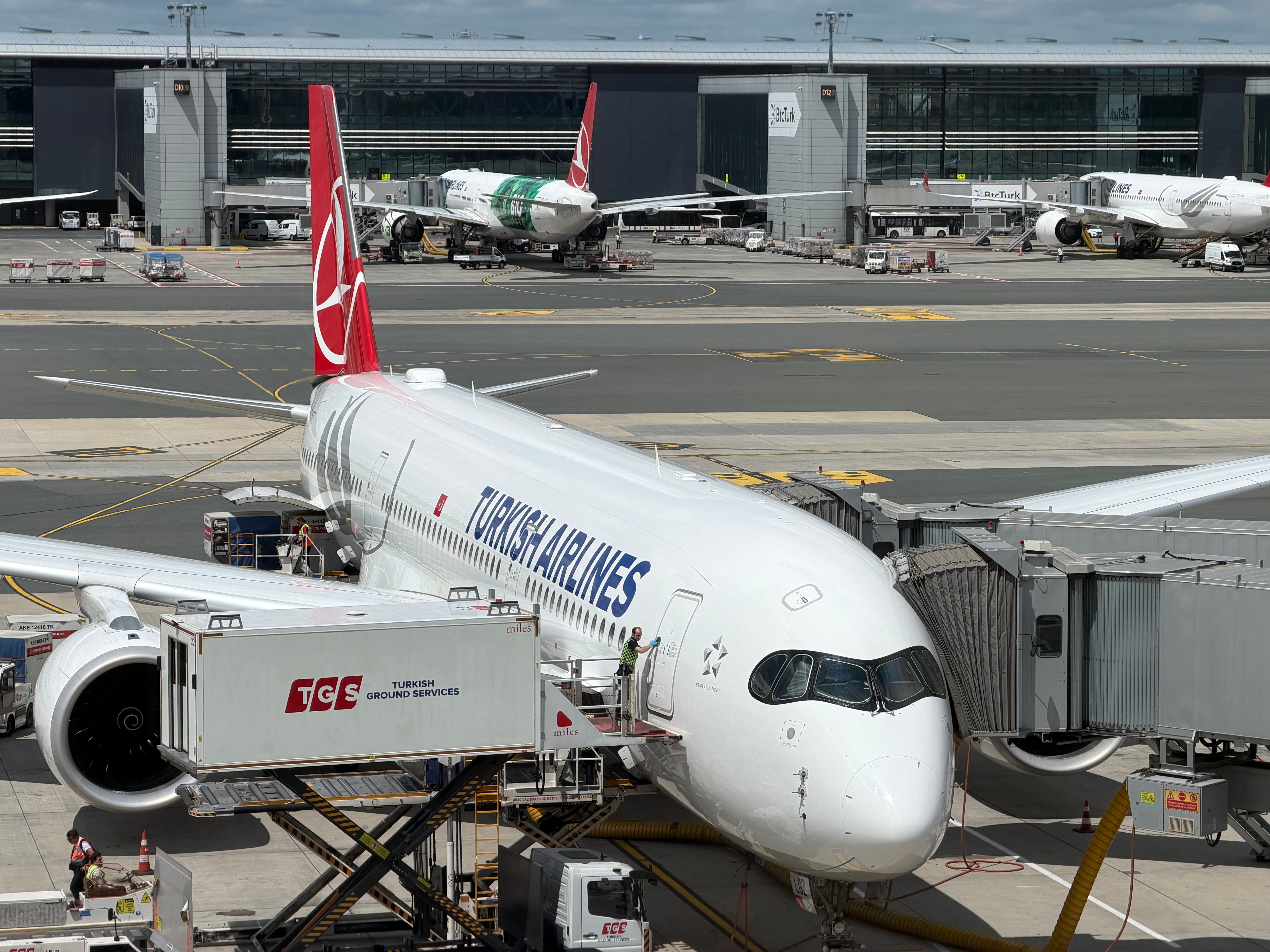 Un avion de Turkish Airlines a accosté à l'aéroport d'Istanbul, tandis que divers services aéroportuaires étaient en activité.