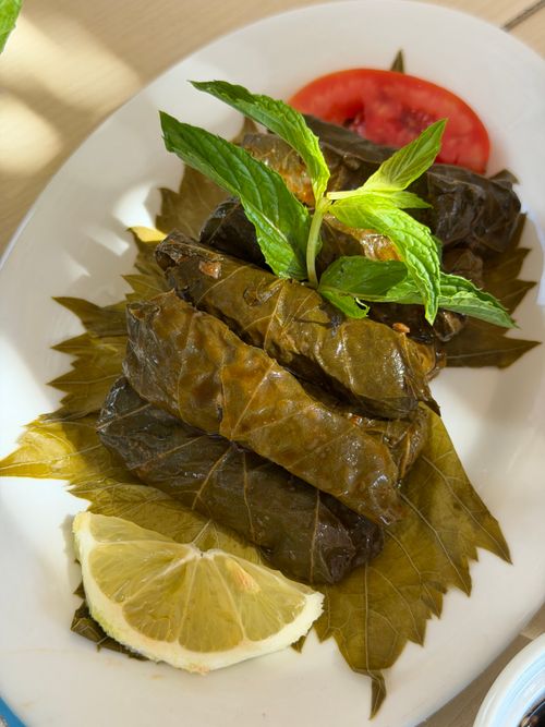 Free A plate of stuffed grape leaves garnished with lemon, mint, and tomato slice. Perfect for Mediterranean cuisine lovers. Stock Photo