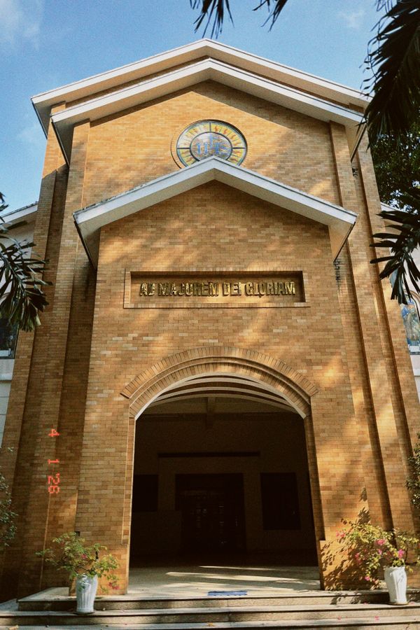 The brick entrance of a neighbourhood church
