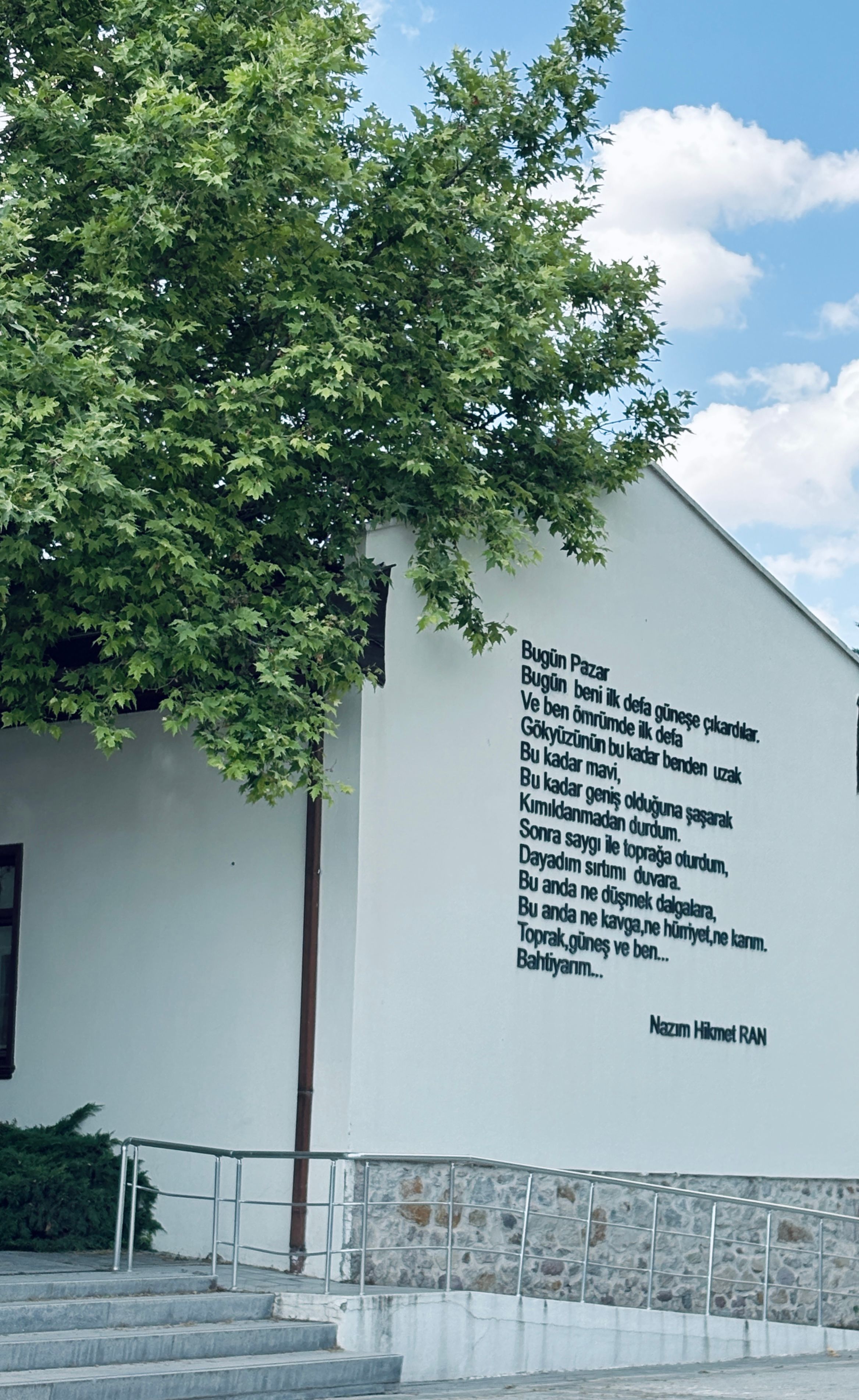 A poetic wall under a tree in a serene outdoor setting, perfect for reflection.