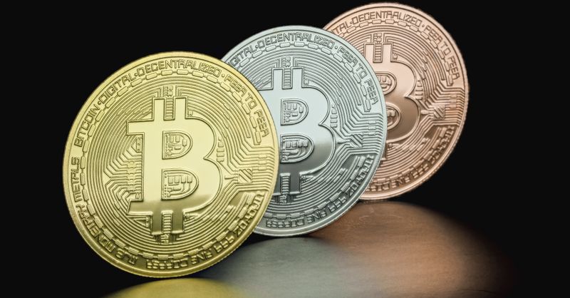 Abstract editorial data-visualization illustration in crimson, downward-flowing tones representing BTC and the broader cryptocurrency market — crypto scenario analysis.