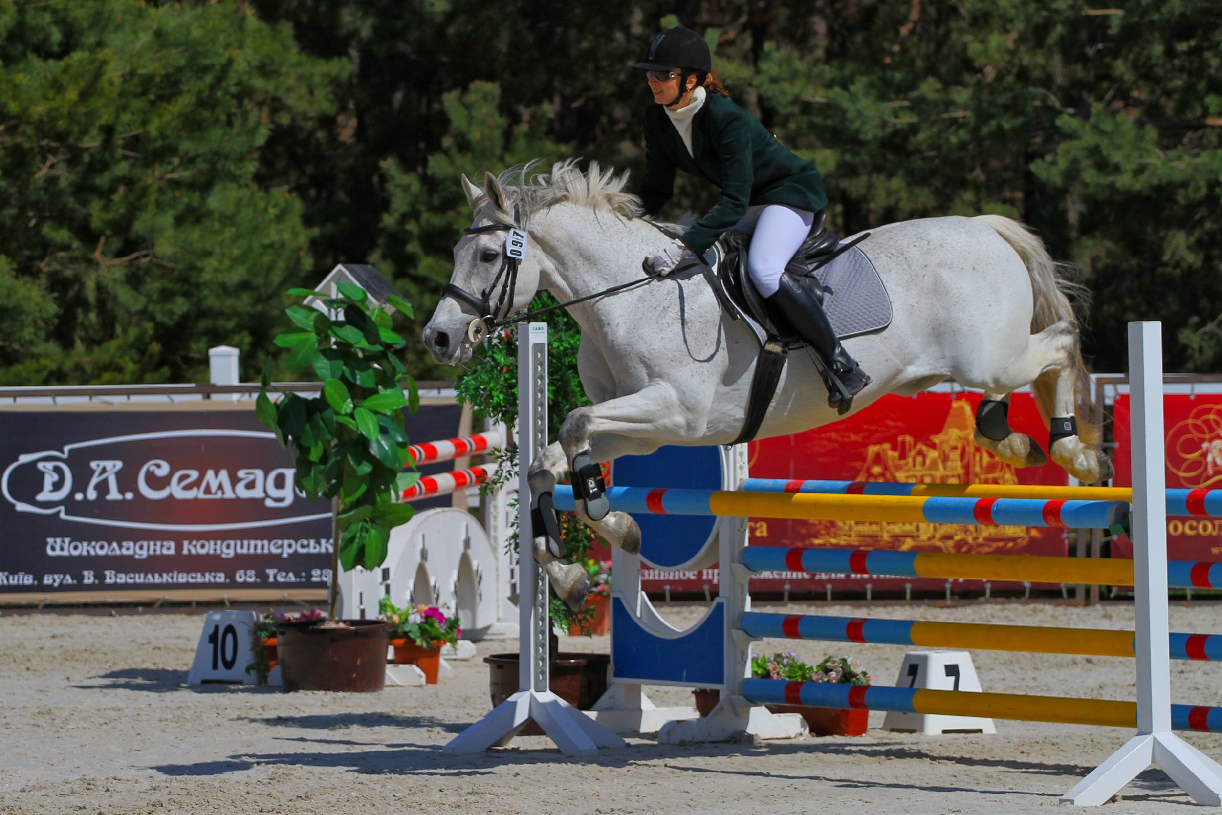 A skilled equestrian and horse jump an obstacle in an outdoor competition.