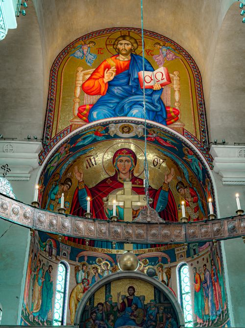 Free Exquisite frescoes depicting religious figures and themes inside a Belgrade cathedral. Stock Photo