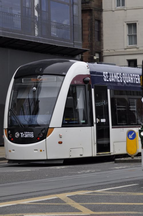Free A sleek Edinburgh tram at St James Quarter captures urban city life and transport. Stock Photo