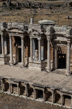 Aerial view of the well-preserved Roman amphitheater in Hierapolis, Turkey.
