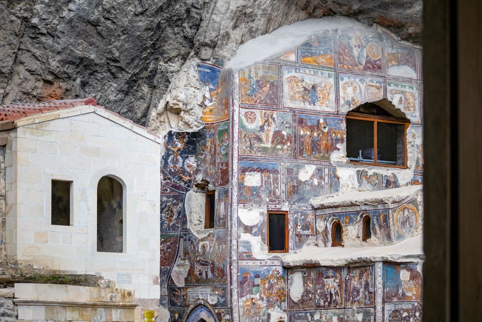 Intricate rock-hewn interior of Geghard Monastery in Armenia