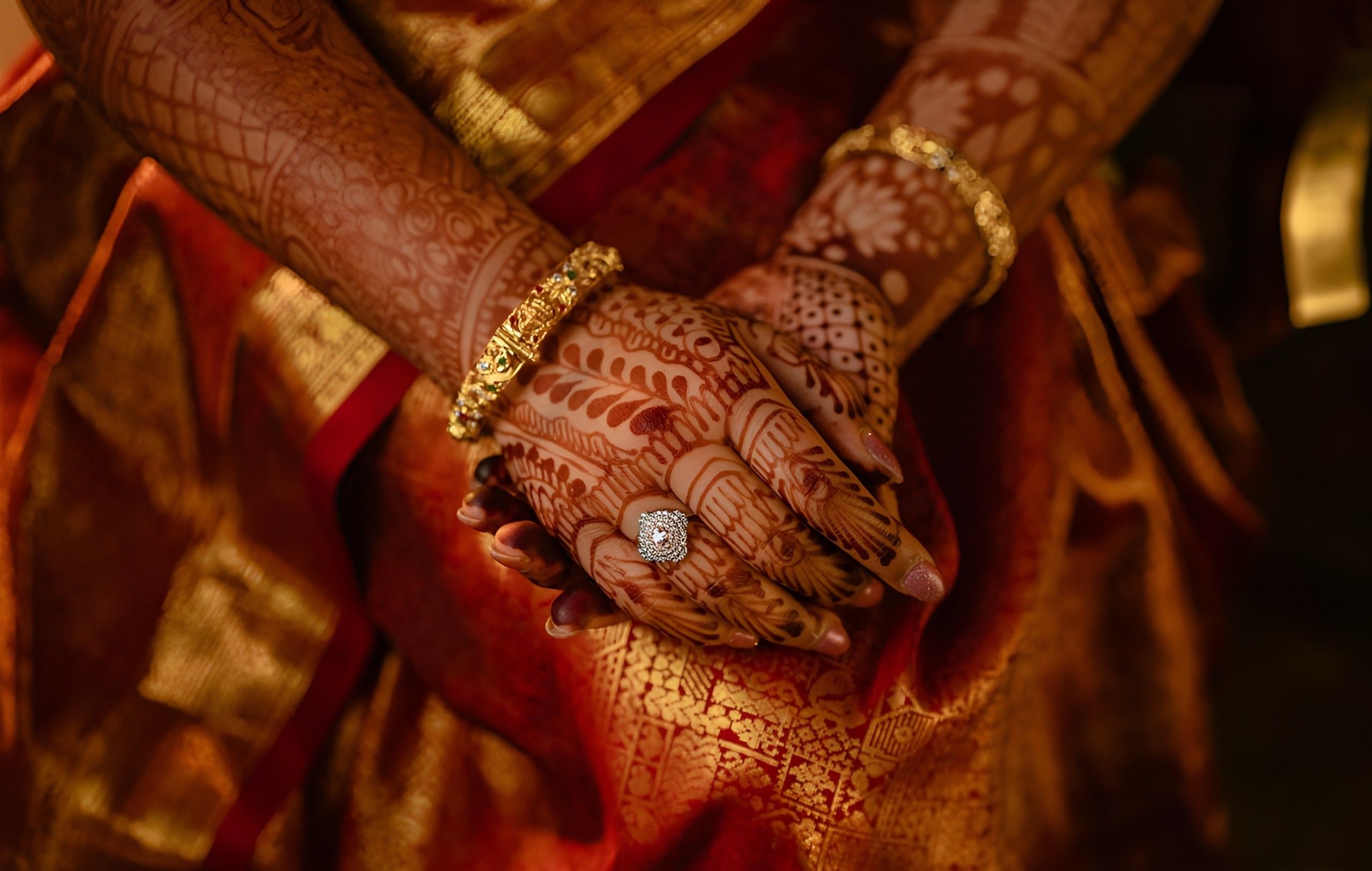 Close-up of Indian henna design on hands with traditional attire.