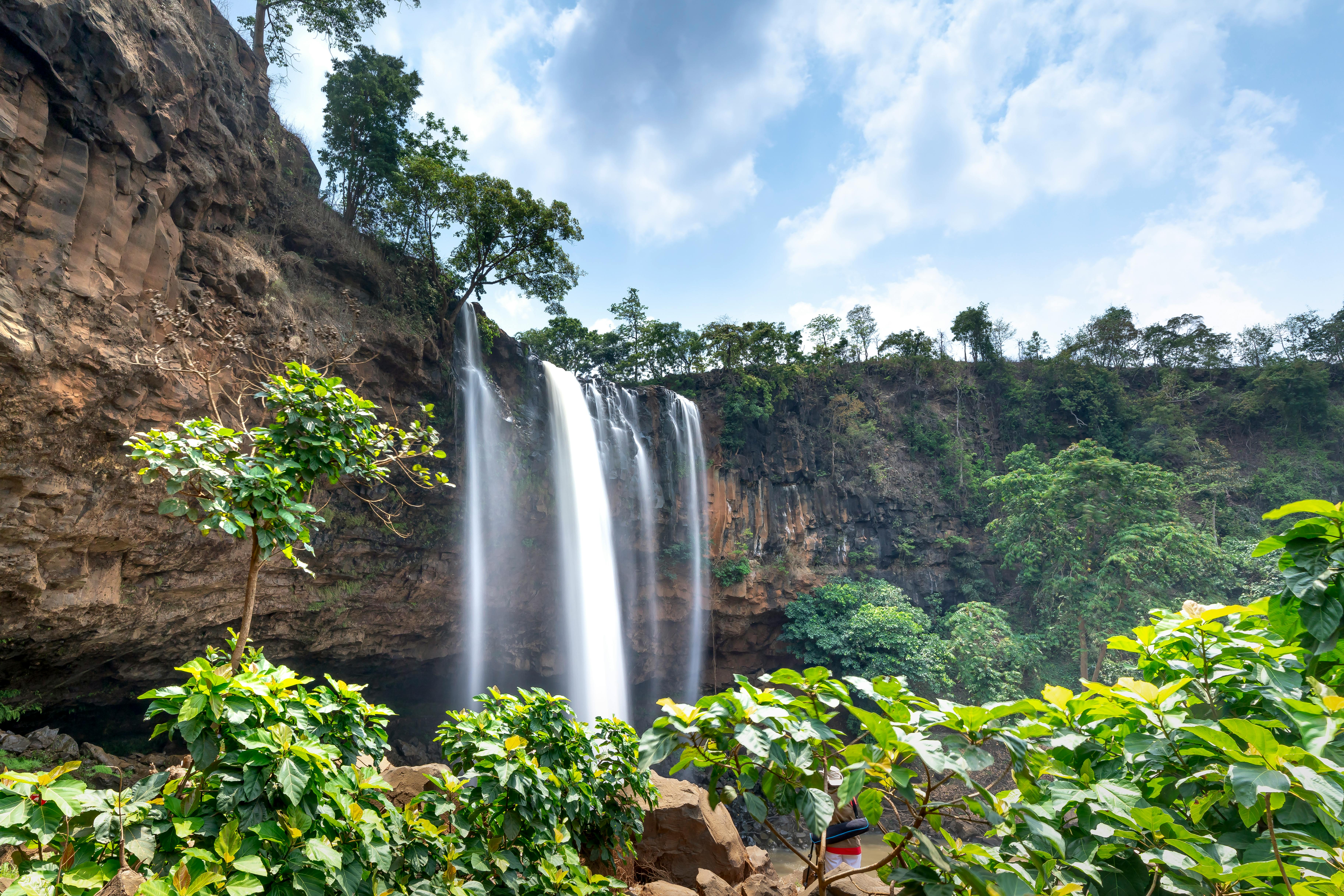 在明亮的蓝天下，宁静的瀑布倾泻而下，周围环绕着郁郁葱葱的绿色植物
