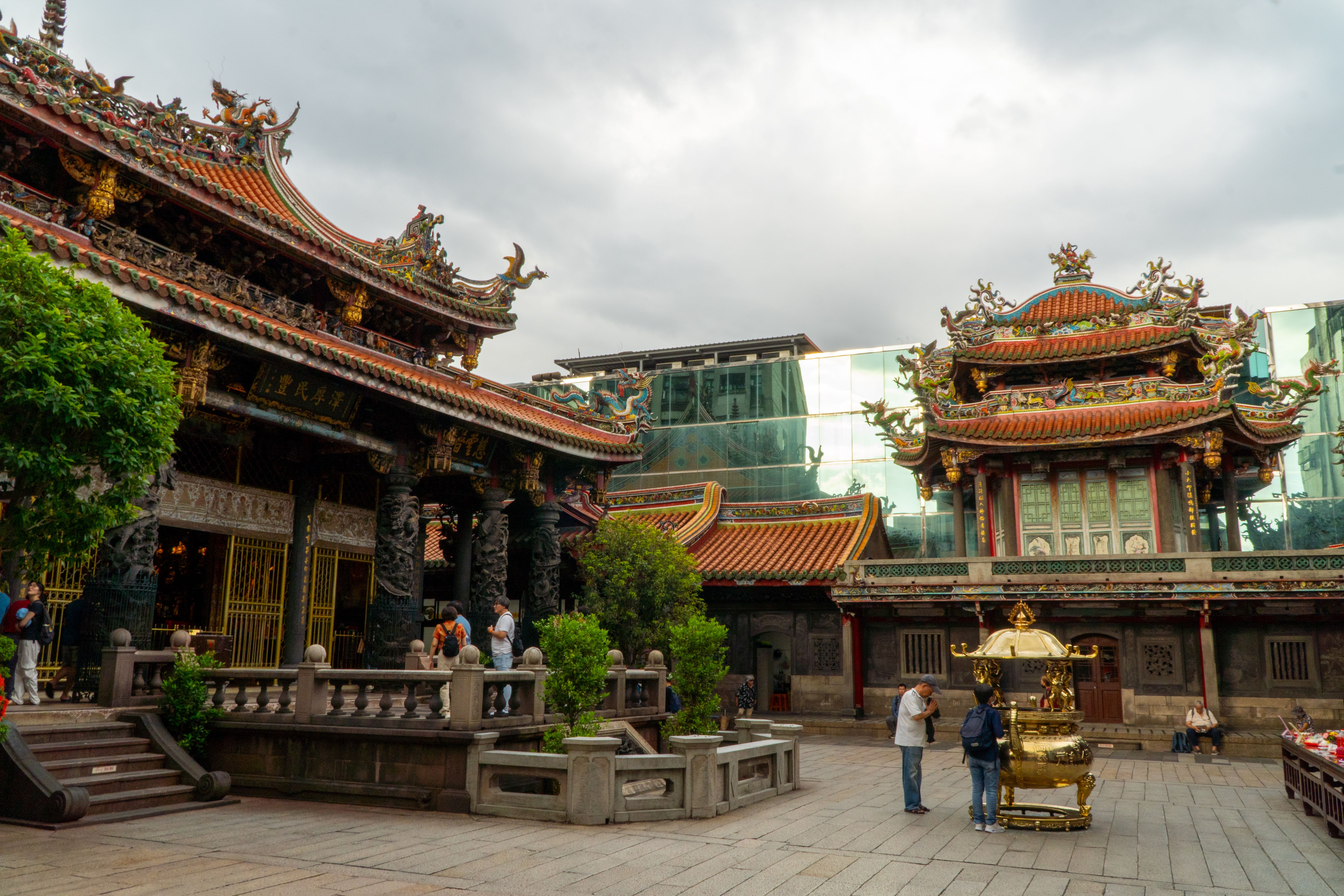 Guided walking tour group at Longshan Temple in Taipei