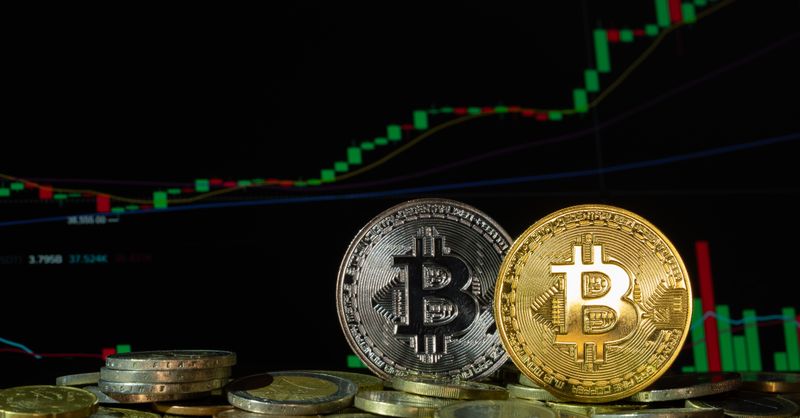 Abstract editorial data-visualization illustration in balanced, blue-toned tones representing BTC and the broader cryptocurrency market — crypto scenario analysis.