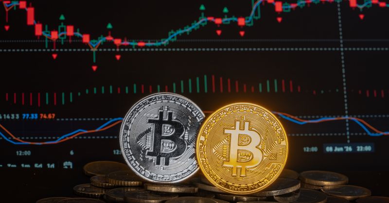 Abstract editorial data-visualization illustration in balanced, blue-toned tones representing BTC and the broader cryptocurrency market — crypto scenario analysis.