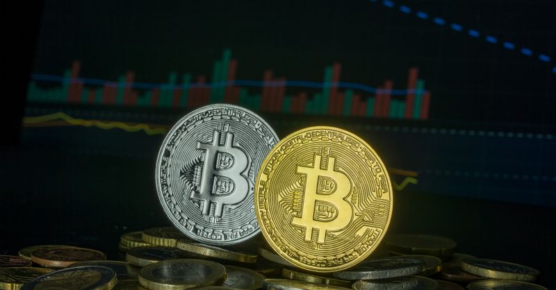 Abstract editorial data-visualization illustration in balanced, blue-toned tones representing BTC and the broader cryptocurrency market — crypto scenario analysis.