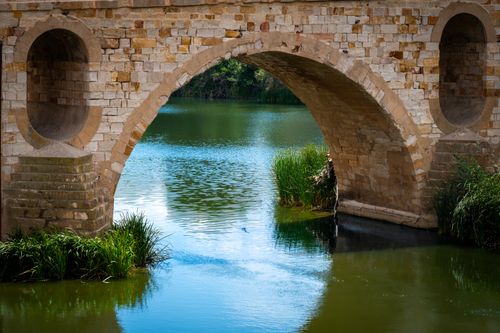 Free Serene view of a historic stone bridge arch spanning a tranquil river, surrounded by lush greenery. Stock Photo