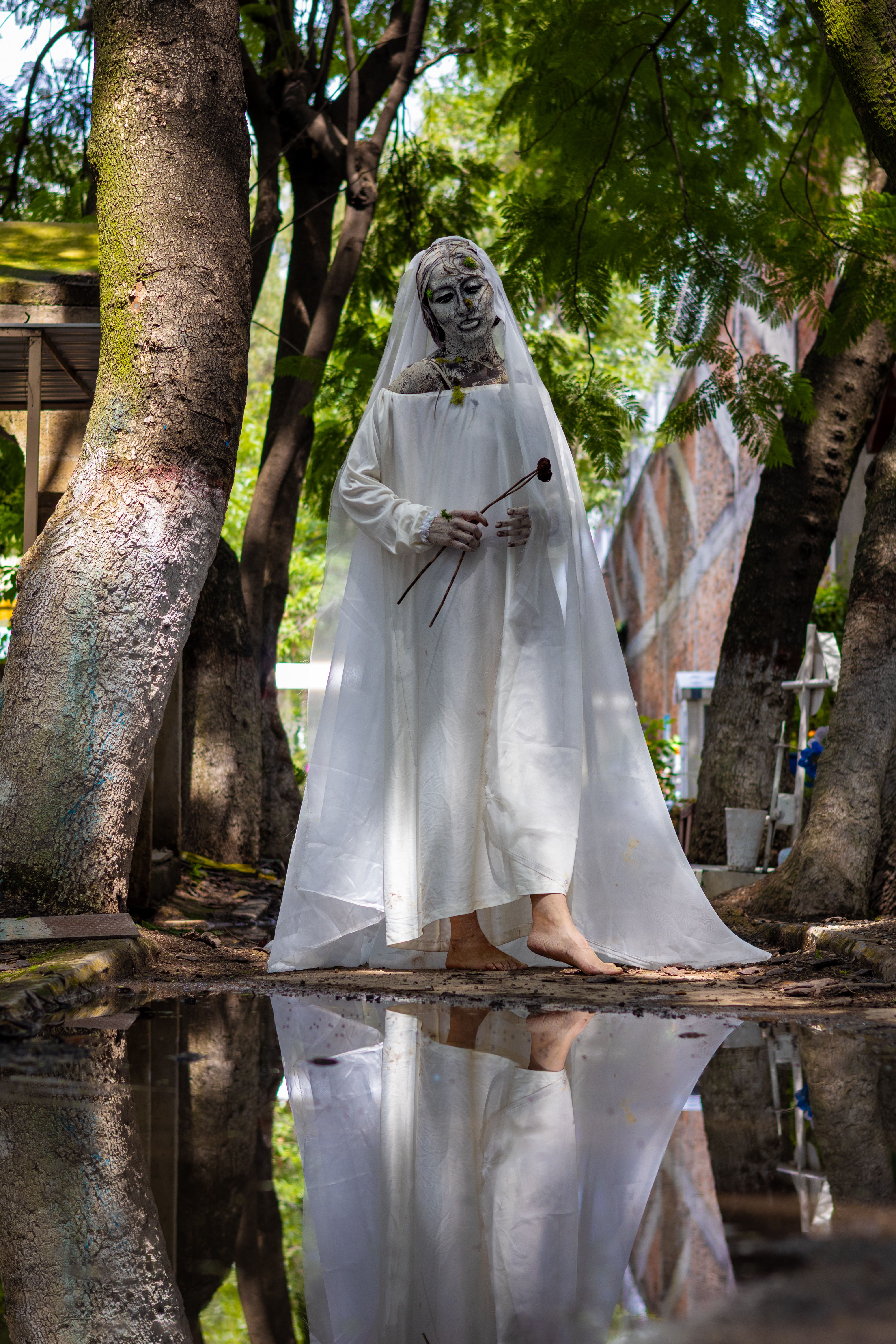 A haunting figure dressed in white stands in a forest, reflected in a puddle, evoking mystery.