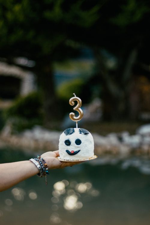 Free A small cake with a smiley face and a number three candle held outdoors. Stock Photo