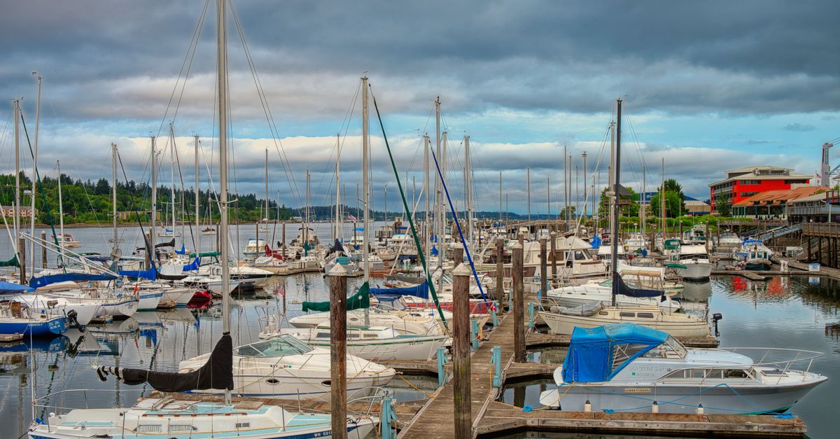 Explore a vibrant marina in Olympia, Washington, dotted with boats and yachts under a dramatic sky.