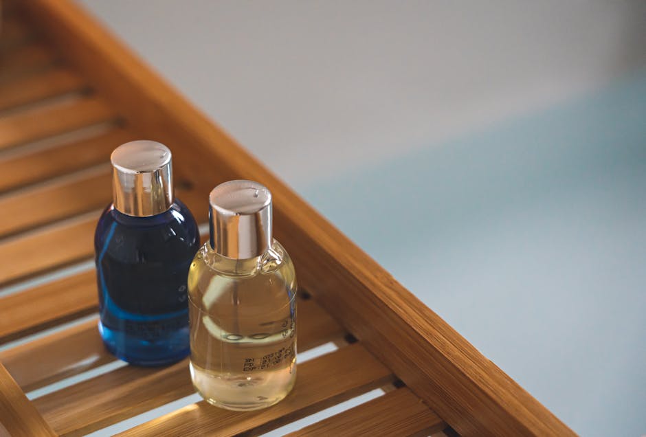 Elegant toiletries on bamboo spa tray