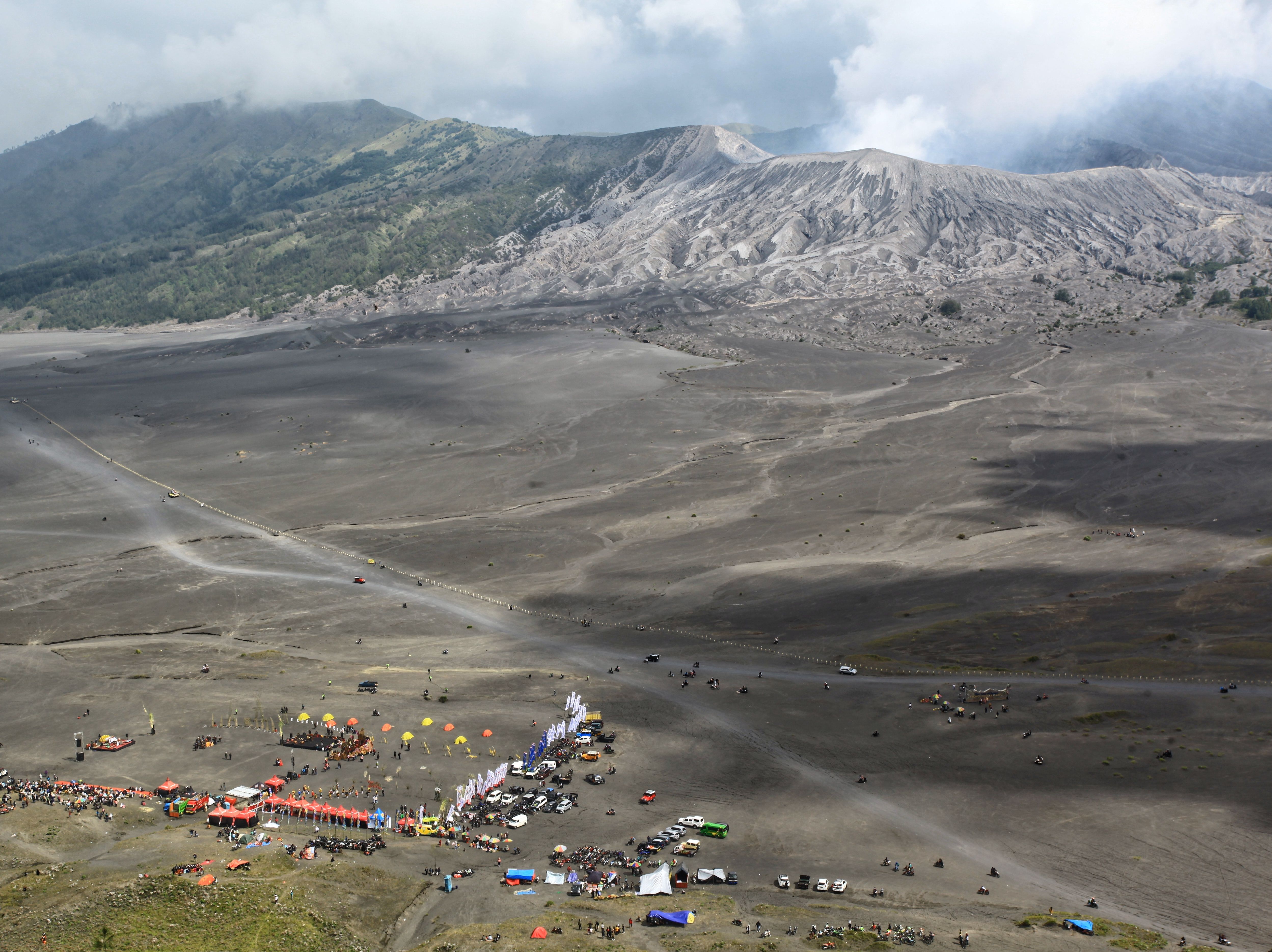 Aerial view of a festival at Mount Bromo in Malang, East Java, Indonesia.
