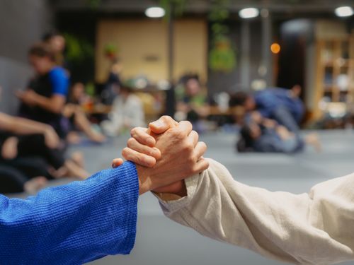 Free Two jiu-jitsu practitioners shake hands in a dojo during training in Buenos Aires, Argentina. Stock Photo
