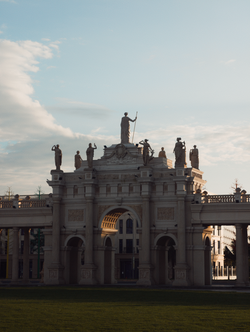 Free Stunning architectural monument in Vietnam under a serene sunrise sky, featuring classical sculptures. Stock Photo