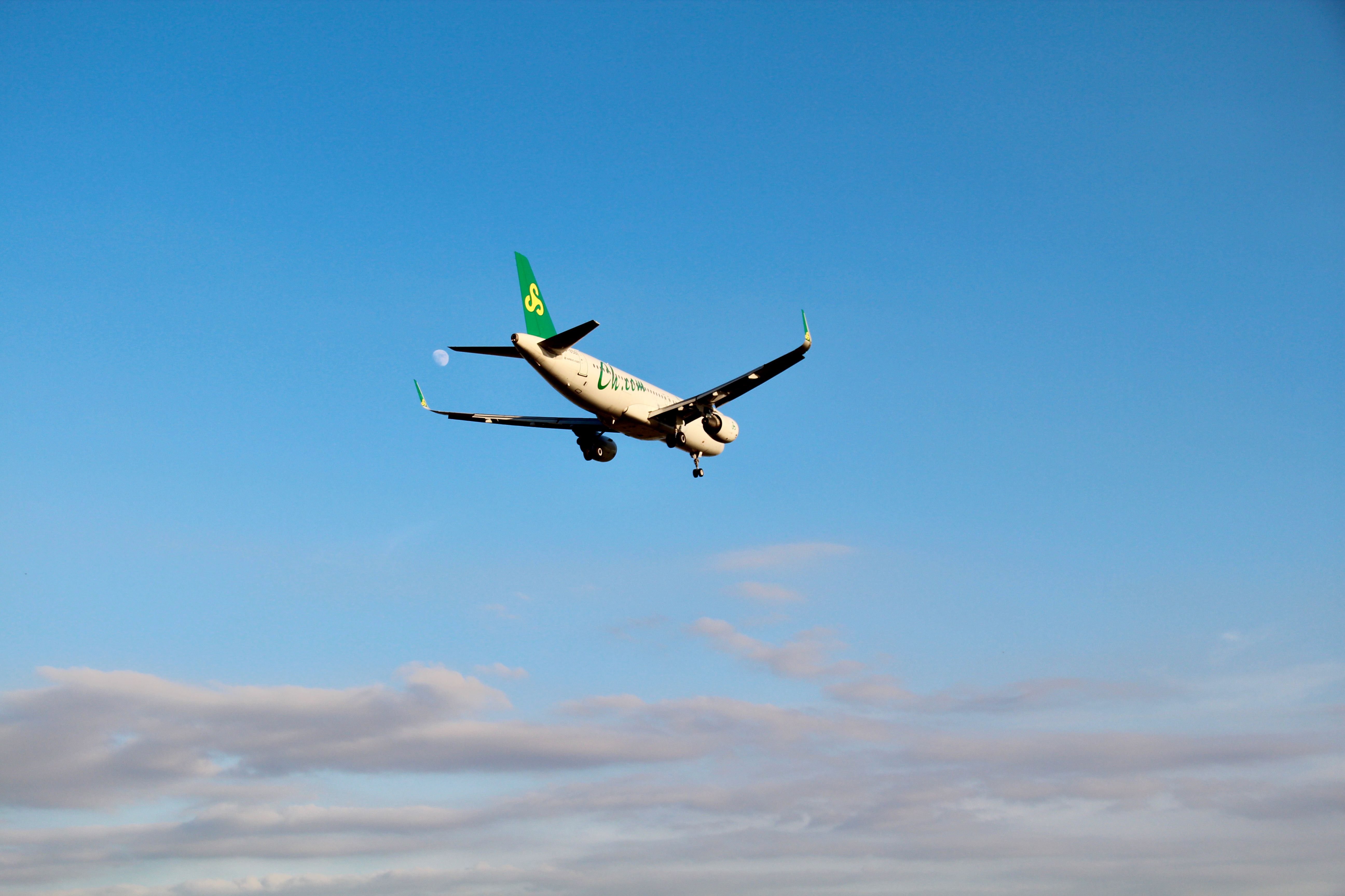 Airplane in clear sky during daytime, showcasing aviation and travel themes.