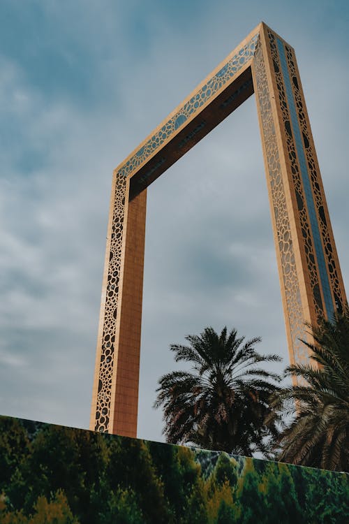 Free From below exterior of creative contemporary construction build in shape of rectangular  photo frame in Dubai UAE on clear hot day Stock Photo