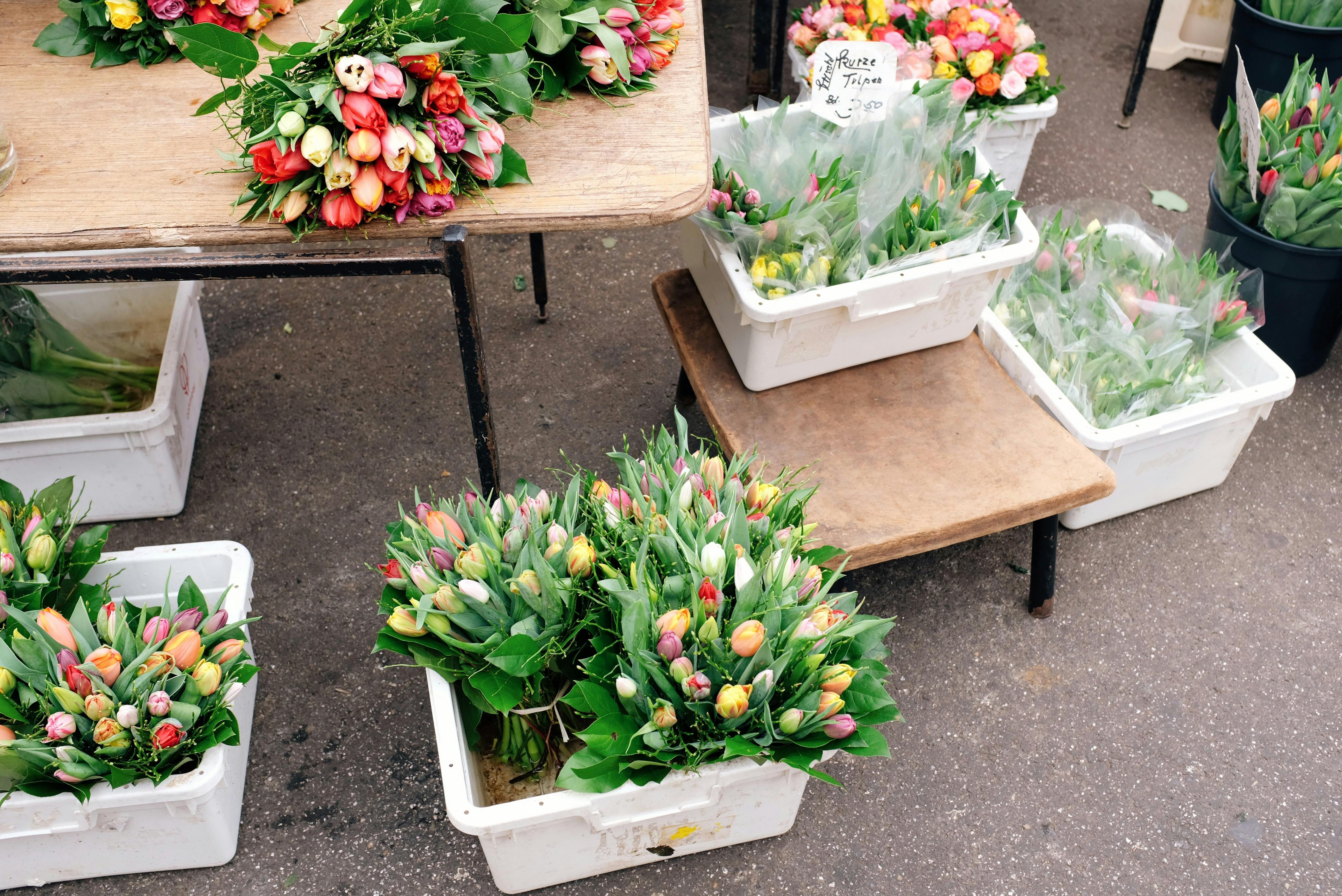 Fresh flowers in white plastic boxes on stall in street market · Free