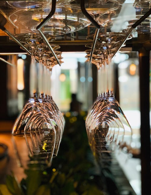 Classic wineglasses hanging on rack in bar