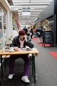 A man enjoying coffee and reading at an indoor market cafe.