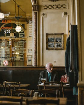 Elderly man sitting in a vintage Brussels cafe with wooden interiors and menu board.