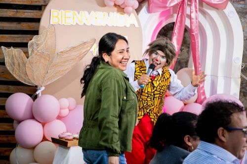 Free Festive event in Ayacucho with joyful people and a lively clown entertainer. Stock Photo
