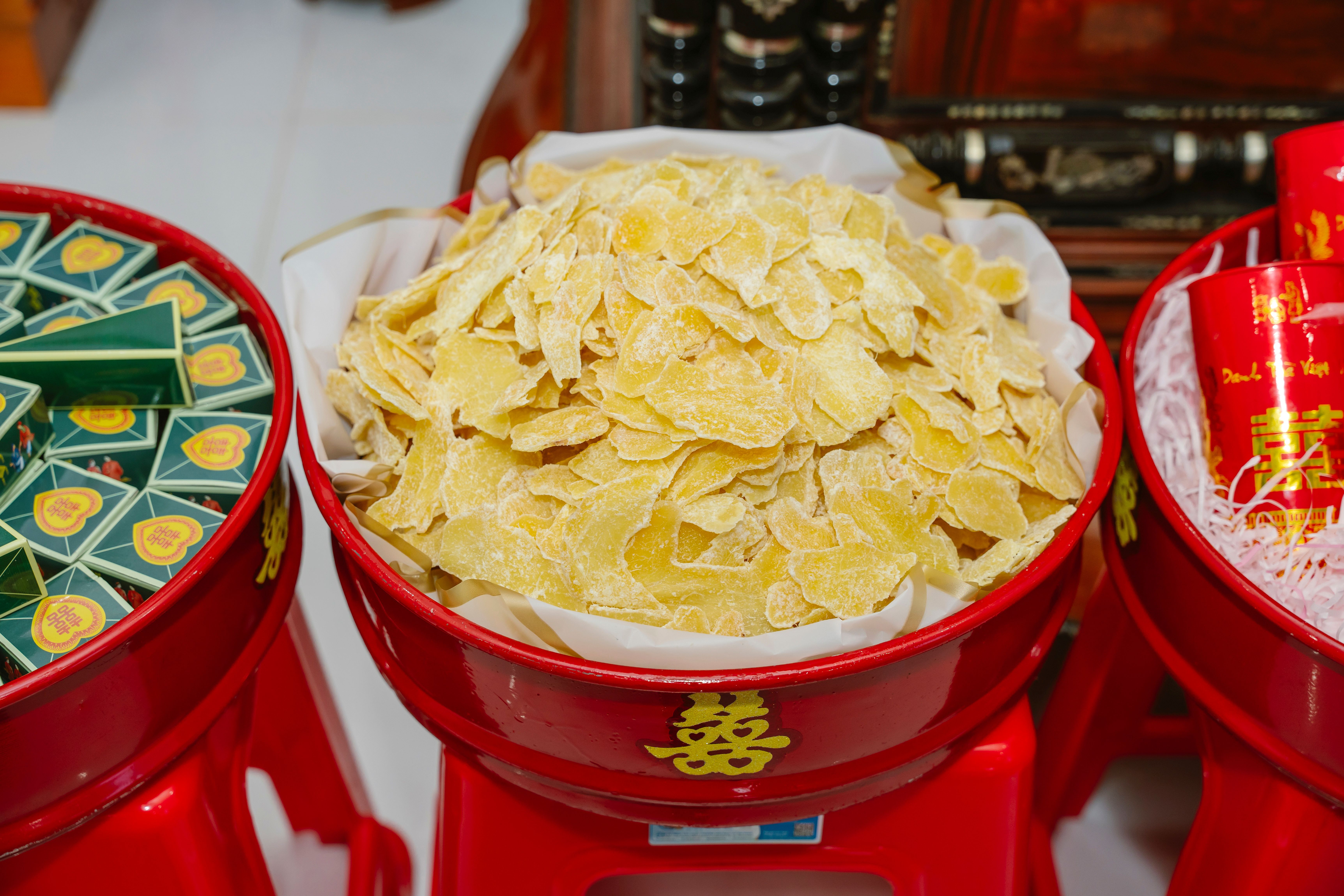 A close-up of traditional Vietnamese wedding offerings displayed in Hồ Chí Minh City.
