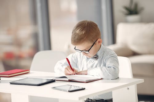 Clever little student writing in notebook while studying at home