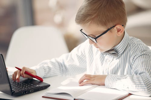 Smart little businessman using laptop in comfortable workplace