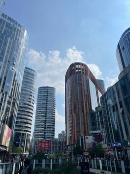 Skyscrapers reach into a clear sky in the bustling business district of central Beijing, China.