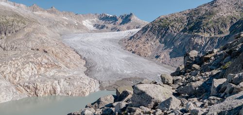 Free Scenic view of the Aletsch Glacier in the Swiss Alps, showcasing rugged mountain terrain. Stock Photo