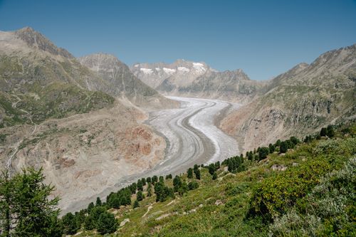Free Stunning view of the Aletsch Glacier in the Swiss Alps, captured in summer with clear blue sky. Stock Photo