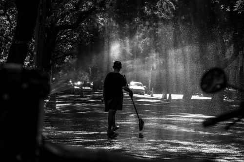 Free Monochrome image of a person sweeping a wet street in a park under dappled sunlight, NY. Stock Photo