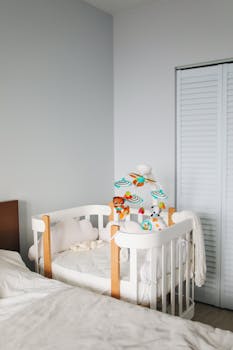 托儿所的角落明亮舒适，设有一张白色婴儿床，上面放着毛绒玩具，装饰简约