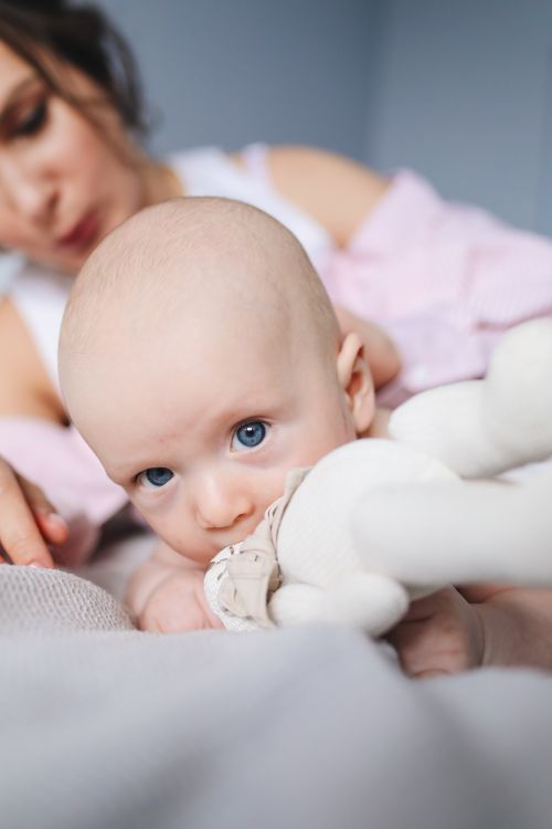 Free Adorable newborn infant lying on soft bed and playing with toy while resting in bedroom with mother and looking at camera Stock Photo