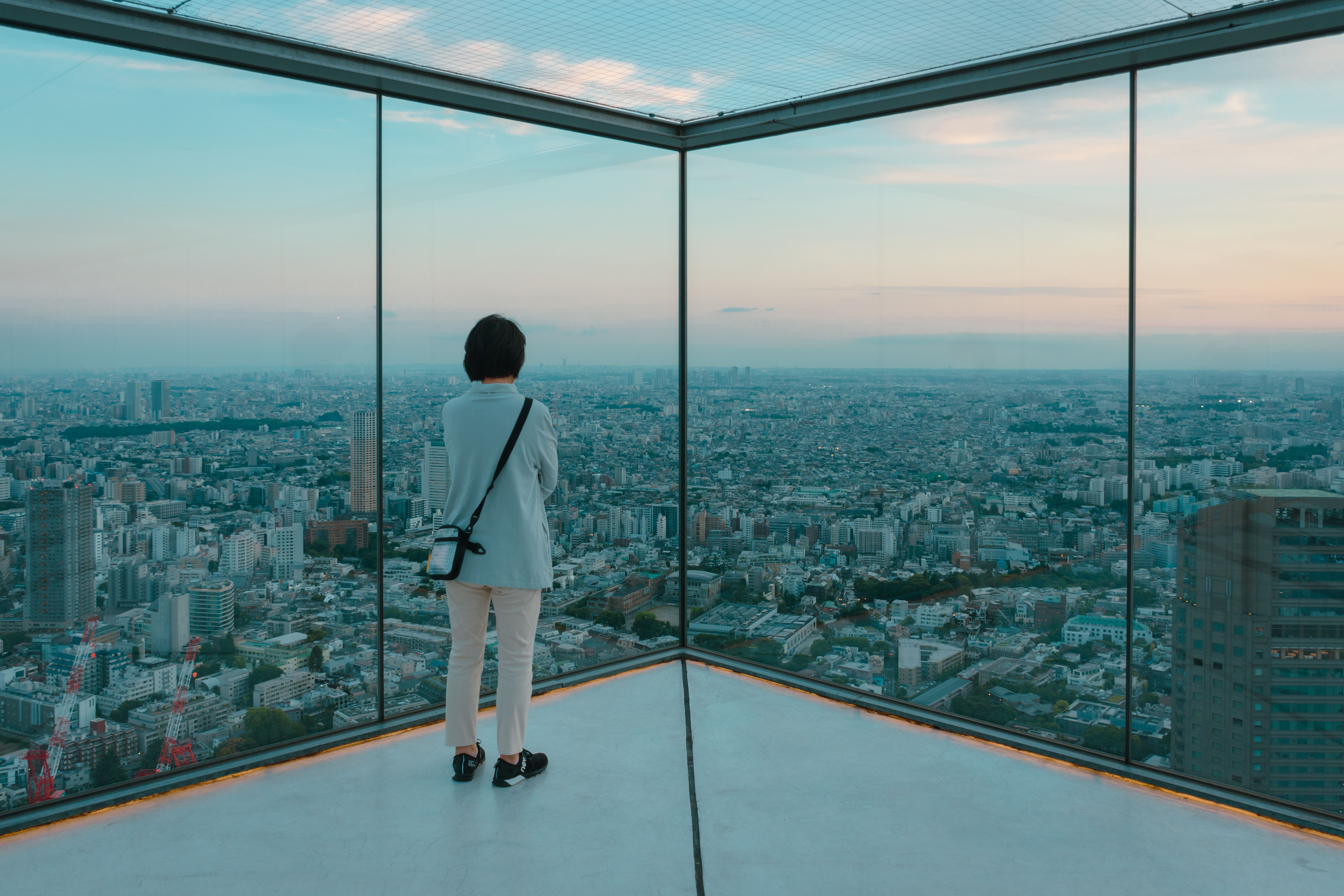 A person gazes over Tokyo's skyline from Shibuya Sky during sunset.