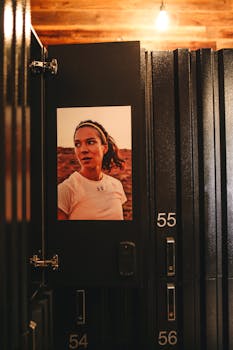 Portrait of a woman inside a gym locker room with wooden and metal elements.