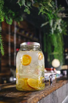Close-up of fresh lemon water in a glass jar with tap, perfect for healthy refreshment.