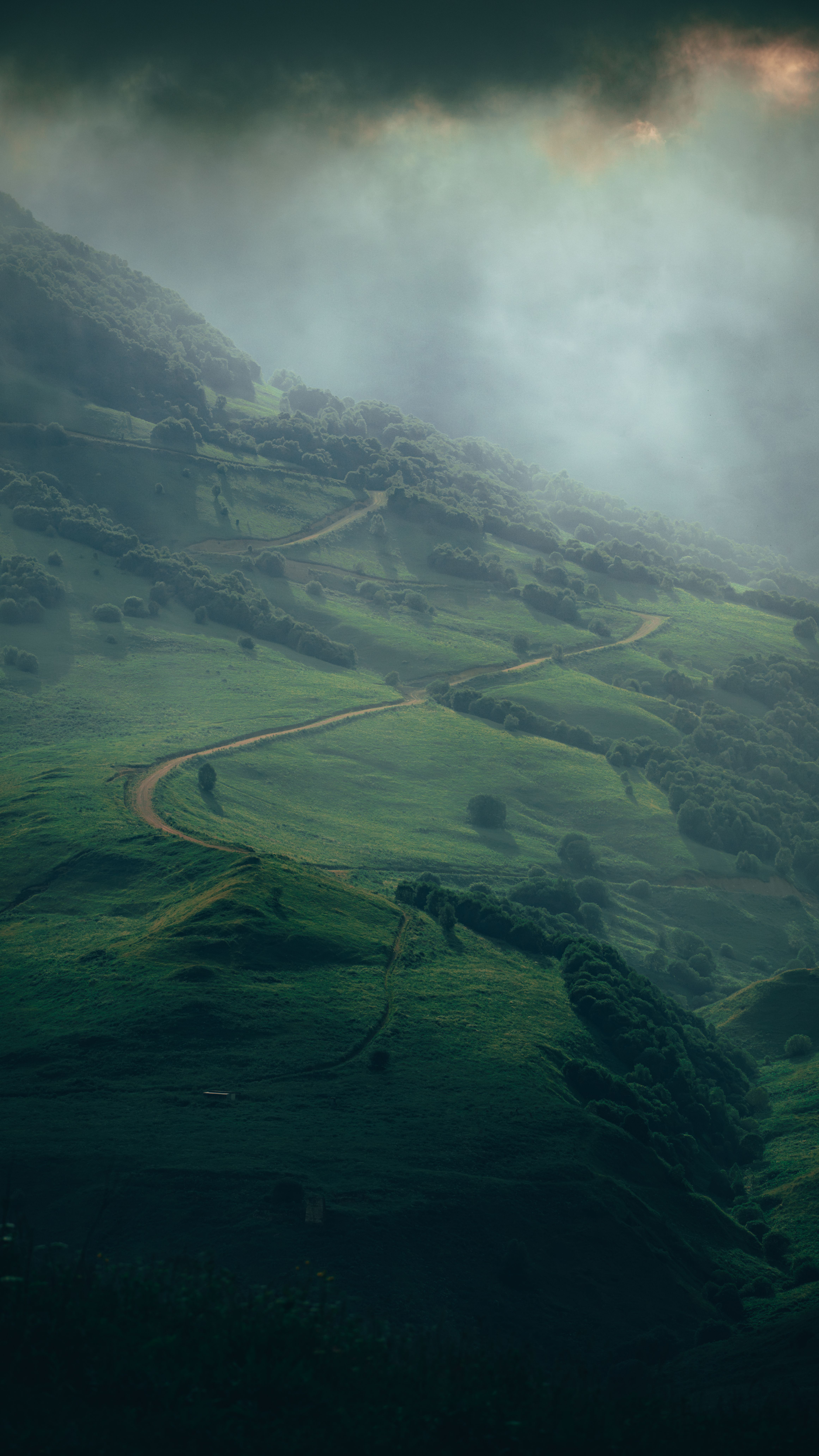Dramatic misty landscape of the Chechen Republic highlands in Russia.