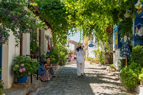 Free A picturesque cobblestone street adorned with plants, featuring locals and tourists in summer. Stock Photo